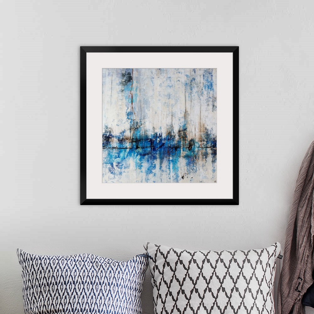 A bohemian room featuring Abstract painting of a city skyline in cool tones, reflecting in the water in the foreground. Pai...