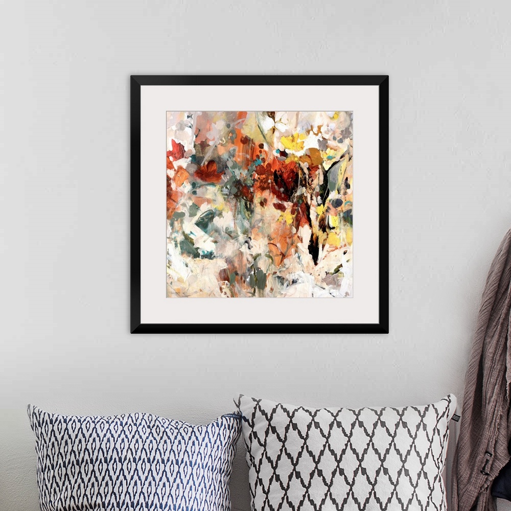 A bohemian room featuring Office docor wall art of a square painting created with spontaneous brush strokes built up to mak...