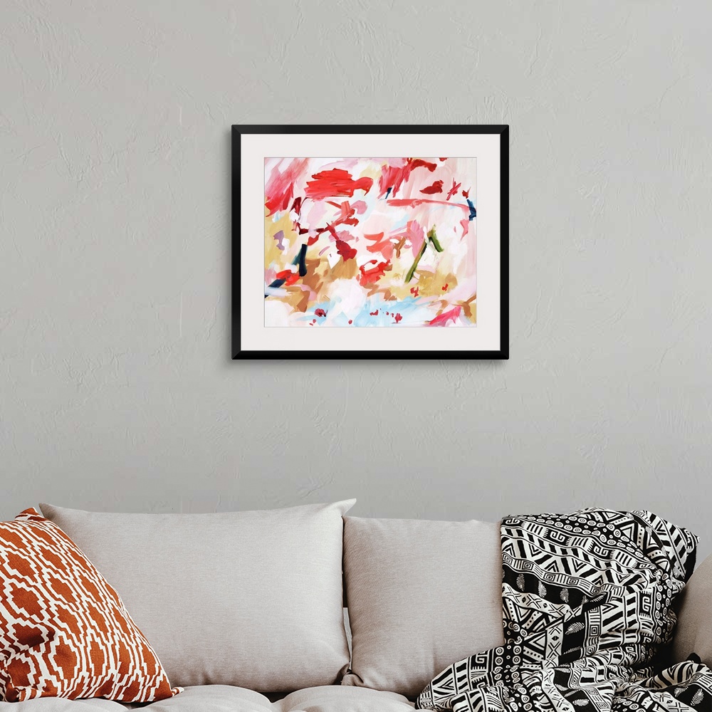 A bohemian room featuring Colorful contemporary abstract painting consisting of short brush strokes in blush pinks, scarlet...