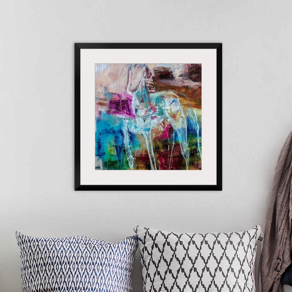 A bohemian room featuring Abstract painting of a pony outlined in white, complemented by splotches of vibrant purple and br...
