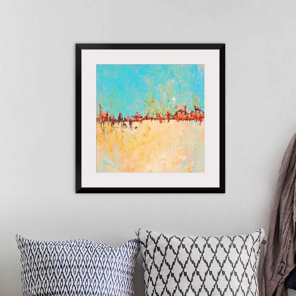 A bohemian room featuring Contemporary abstract painting with bright turquoise and gold separated by intense orange.