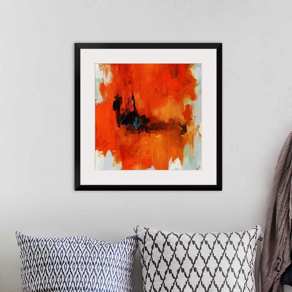 A bohemian room featuring Abstract painting on a square canvas of large bright warm paint strokes contrasted against lighte...