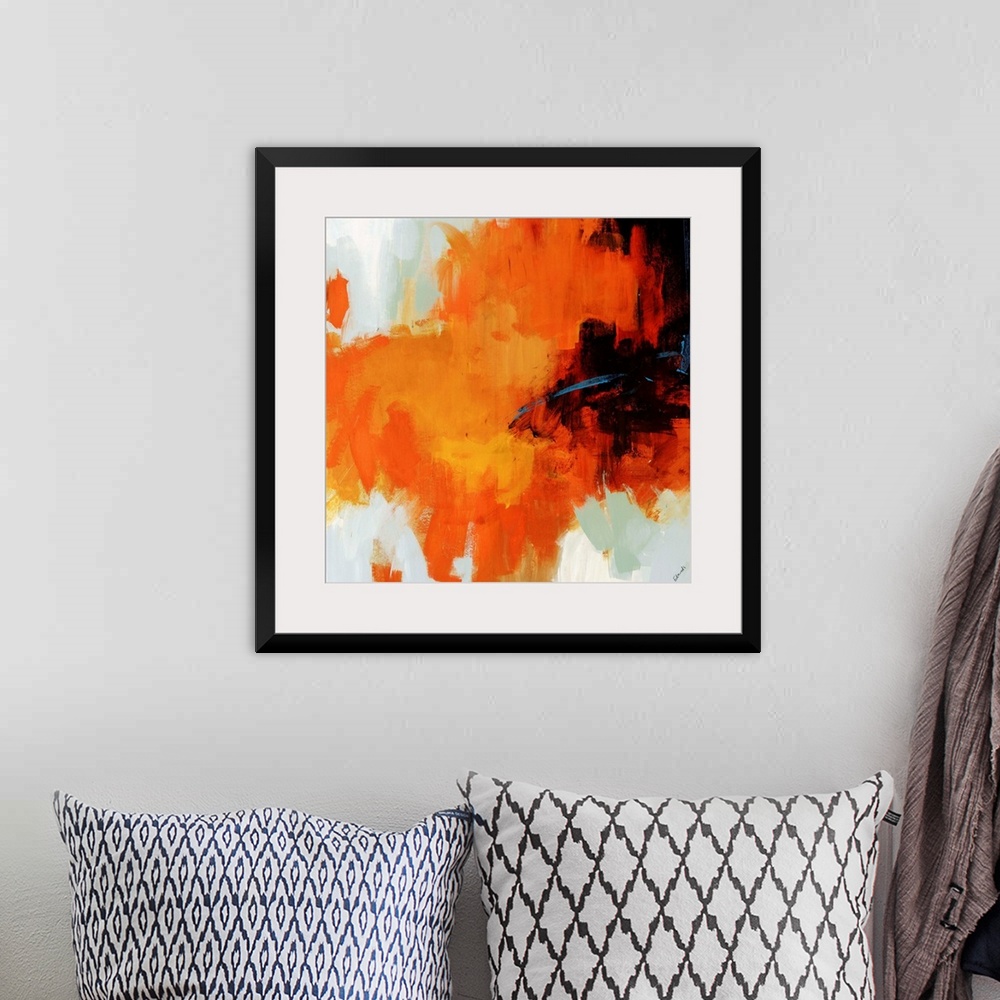 A bohemian room featuring Contemporary abstract artwork featuring vibrant streaks of color on a blank background creating a...