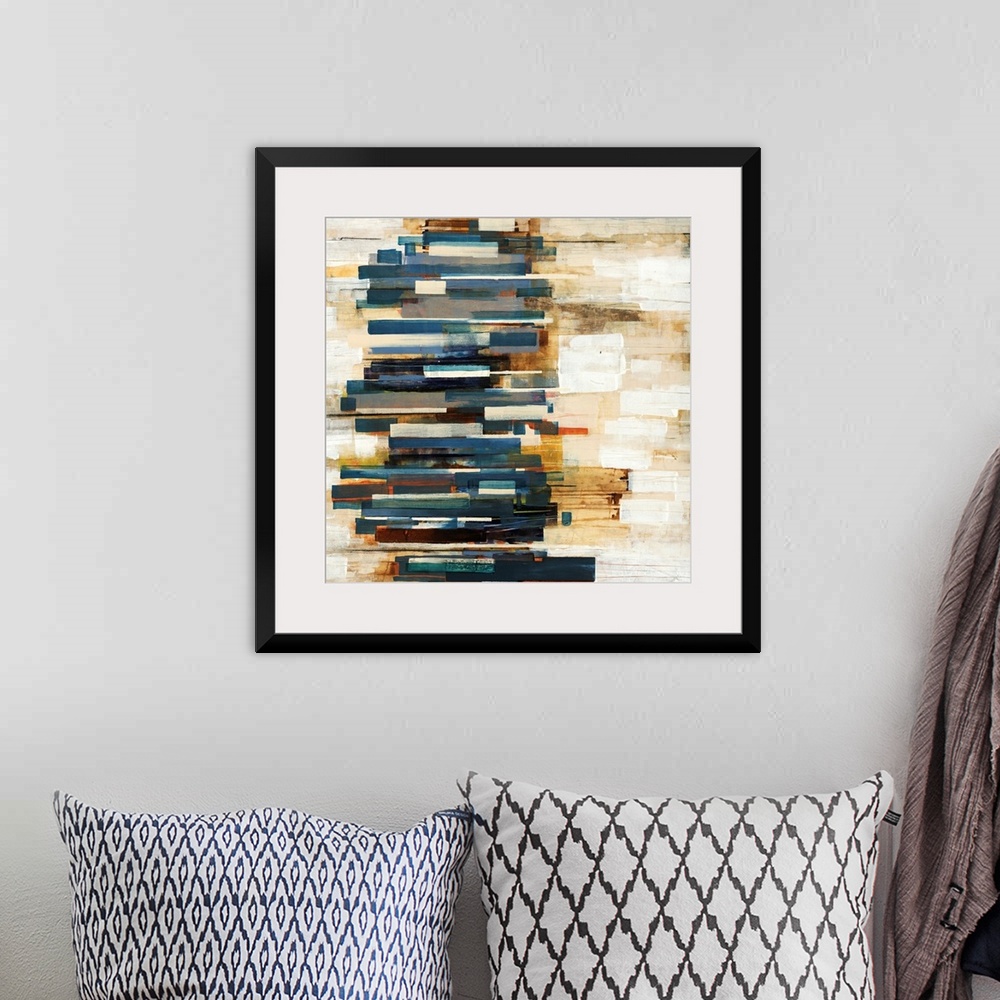 A bohemian room featuring This large square shaped wall hanging is an abstract painting created with geometric brushstrokes...