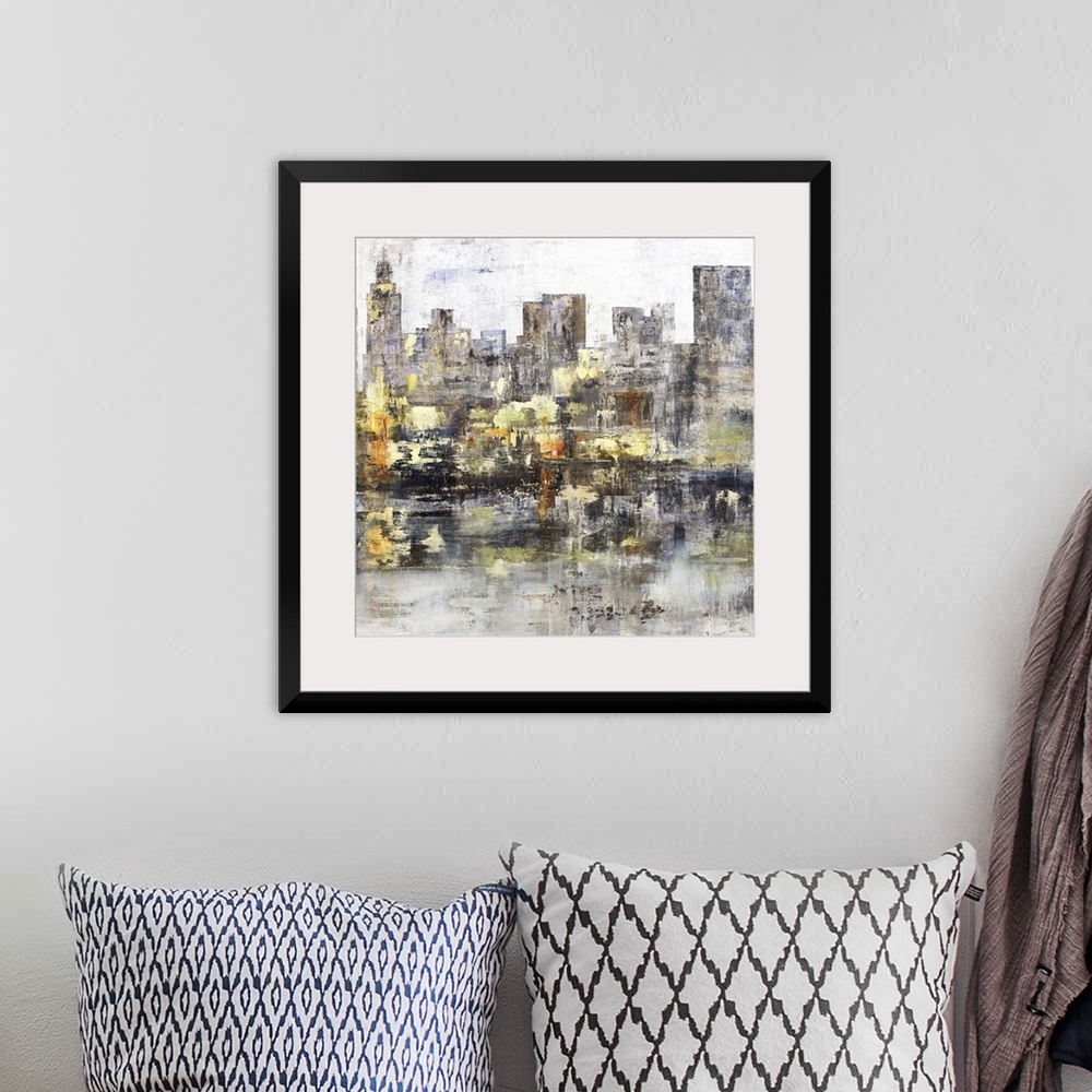 A bohemian room featuring Square abstract painting of a city skyline with tall buildings in dark shades of gray and brown w...