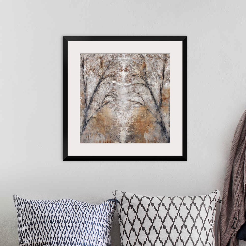 A bohemian room featuring Abstract landscape painting of a path between two trees done in cool, neutral tones and silvery g...