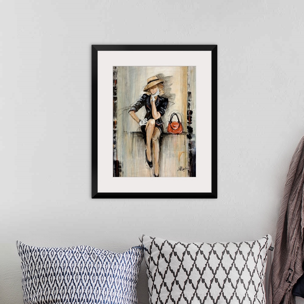 A bohemian room featuring Vertical, figurative art on a big canvas of a woman in a fashionable dark dress and hat, with glo...