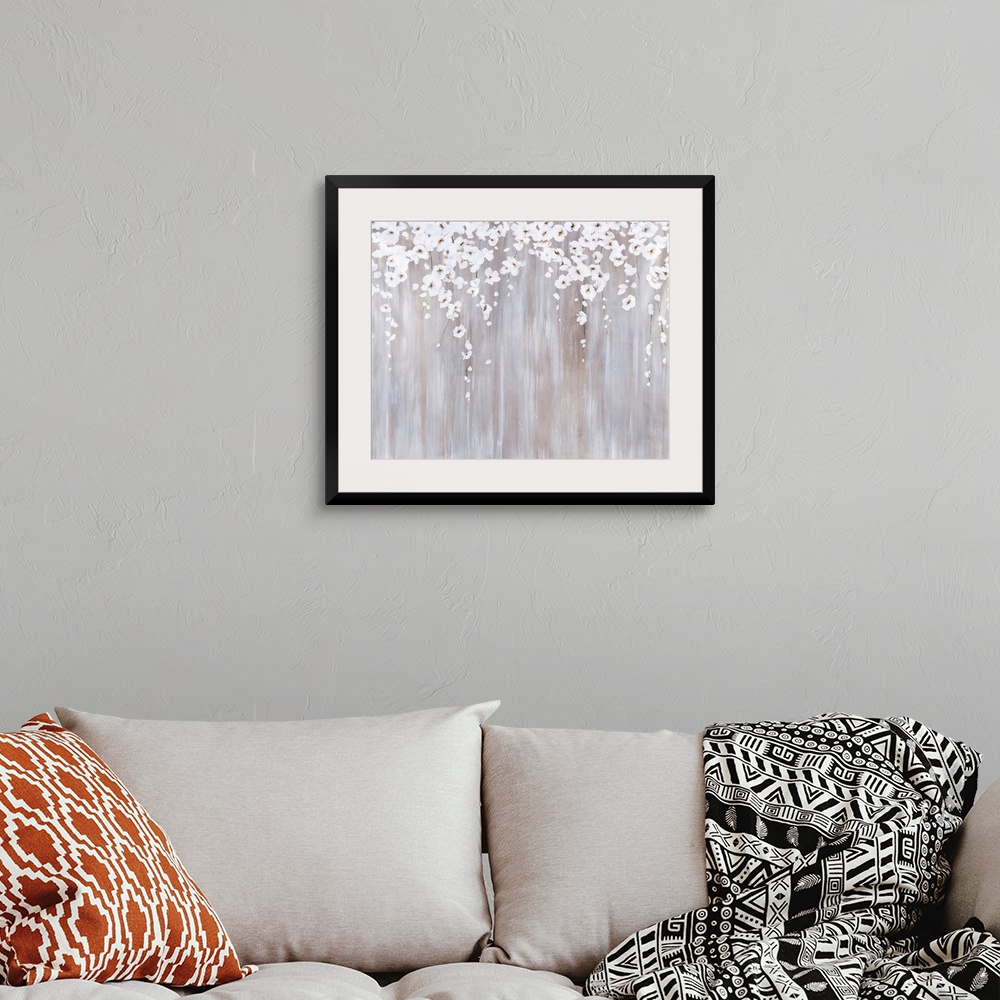A bohemian room featuring Contemporary abstract painting using light earthy tones with cascading flowers from the top of th...