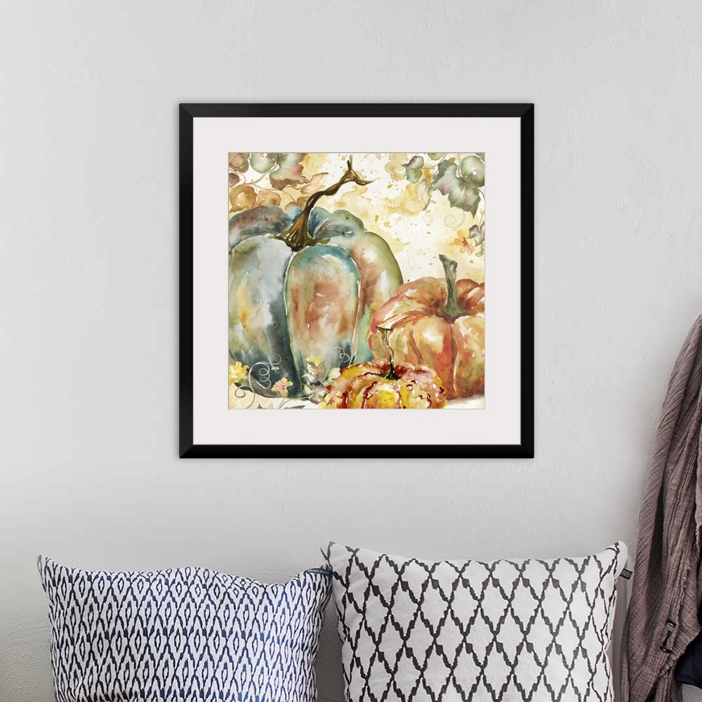 A bohemian room featuring A watercolor painting of a group of pumpkins with autumn leaves in warm shades.