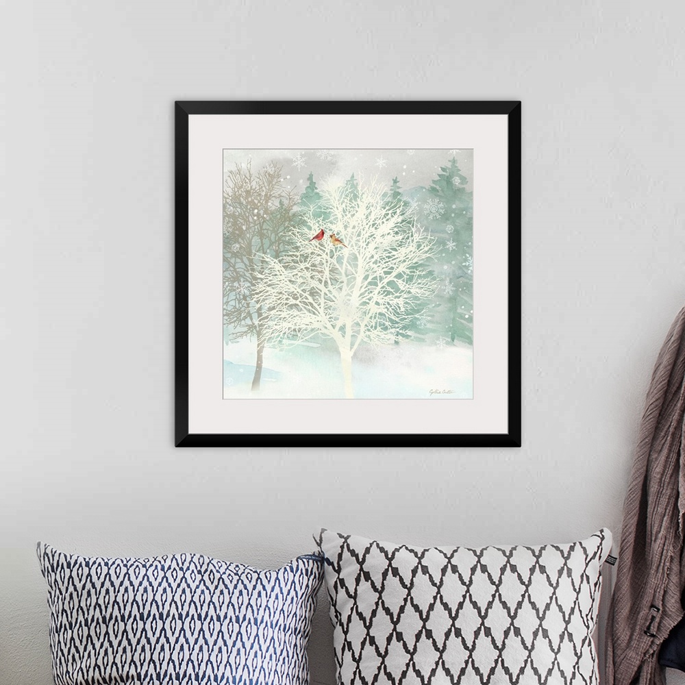 A bohemian room featuring A group of bare trees with red birds as snowflakes fall.