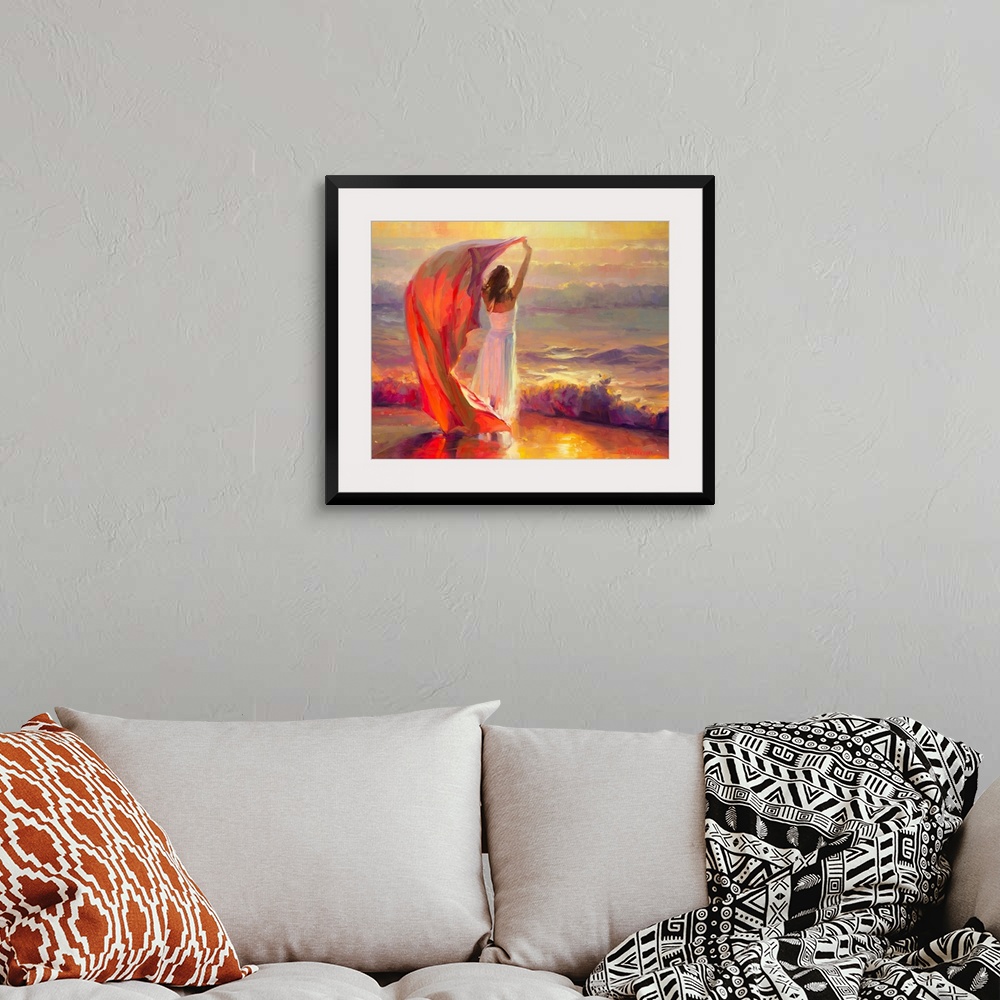 A bohemian room featuring Traditional impressionist painting of a young beautiful woman standing at the beach, arms raised ...