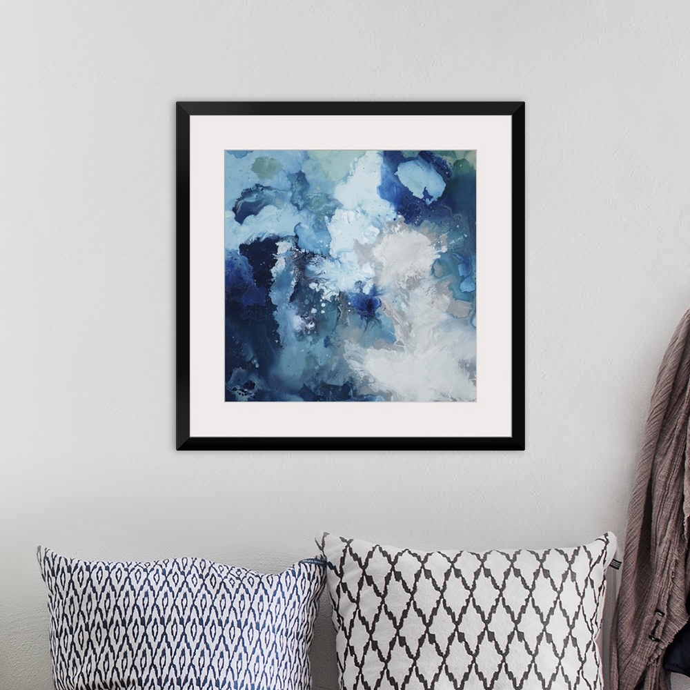 A bohemian room featuring Contemporary abstract painting using blue tones swirling around to create a flowing cloud like form.