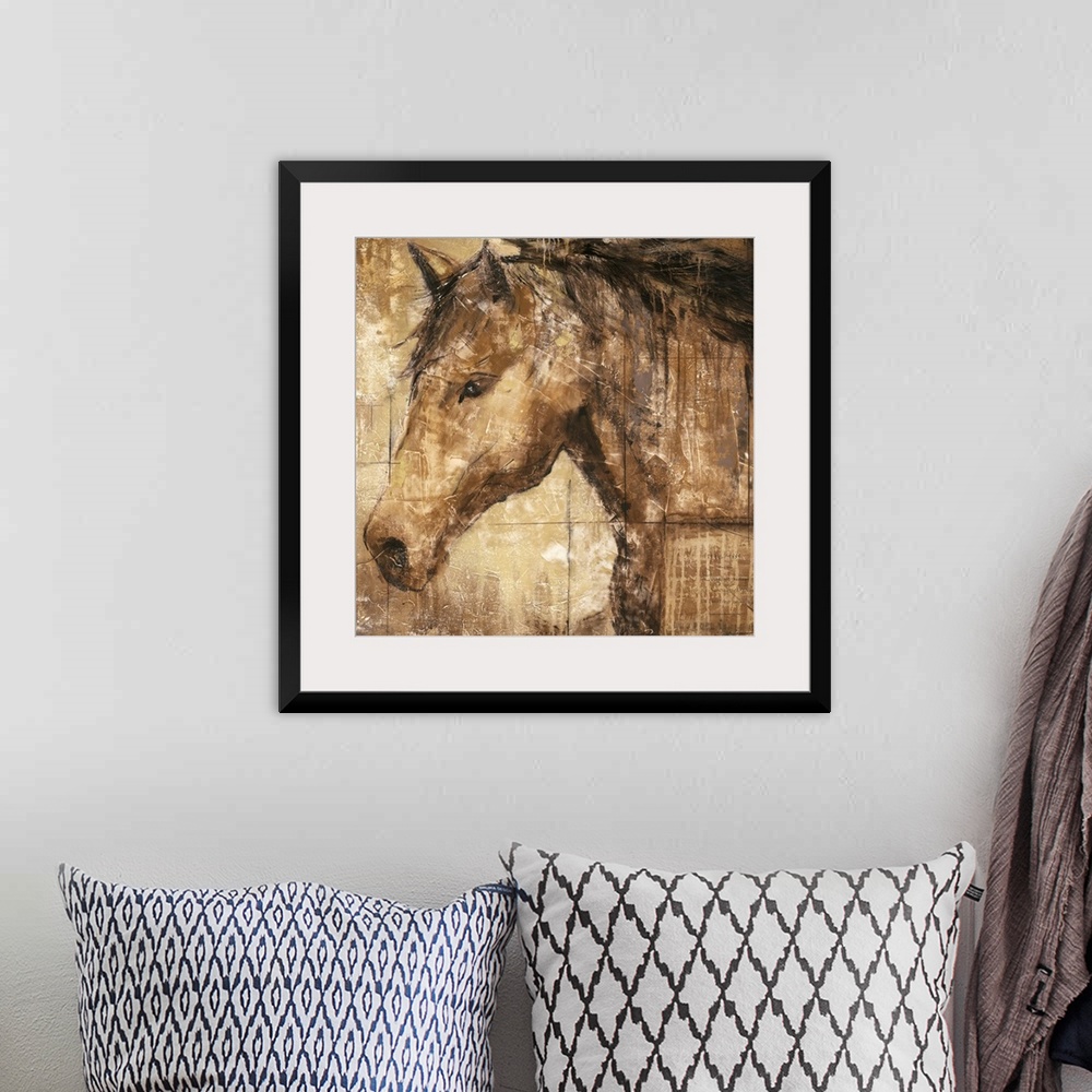 A bohemian room featuring A contemporary portrait of a horse available on square shaped wall art for the home or office.
