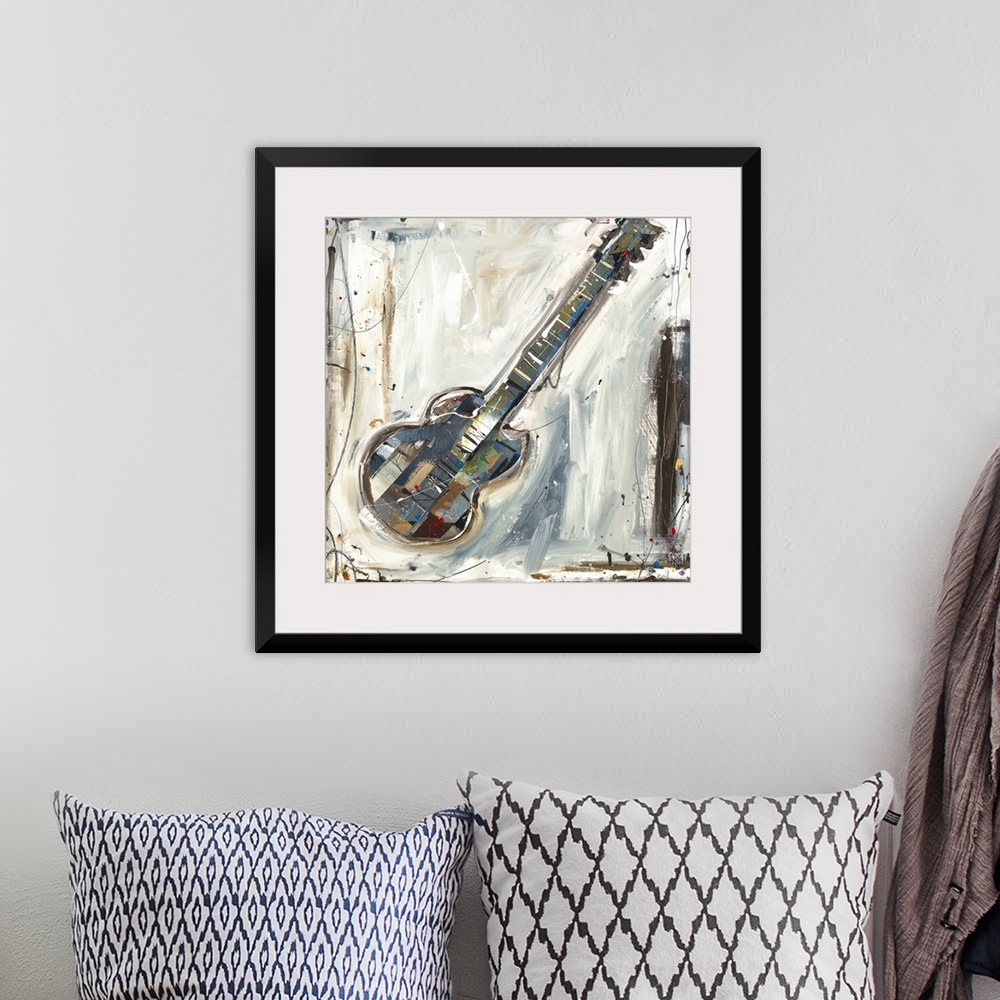 A bohemian room featuring Contemporary abstract painting of musical instrument.  Brush strokes are visible along with paint...