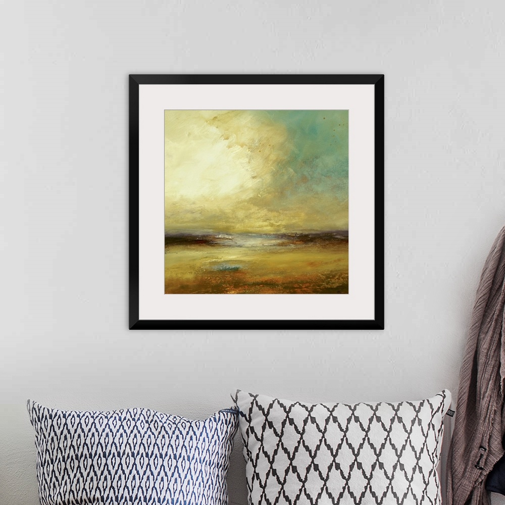 A bohemian room featuring Large abstract landscape painting showcasing a cloudy sky over a beach and ocean.  This piece is ...