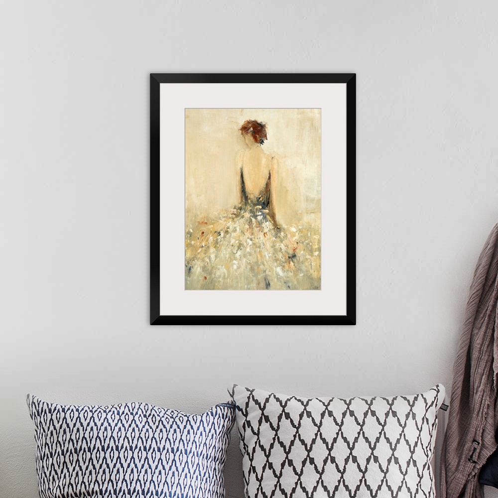 A bohemian room featuring Abstract painting of the back of a woman wearing a flowing gown in neutral tones.