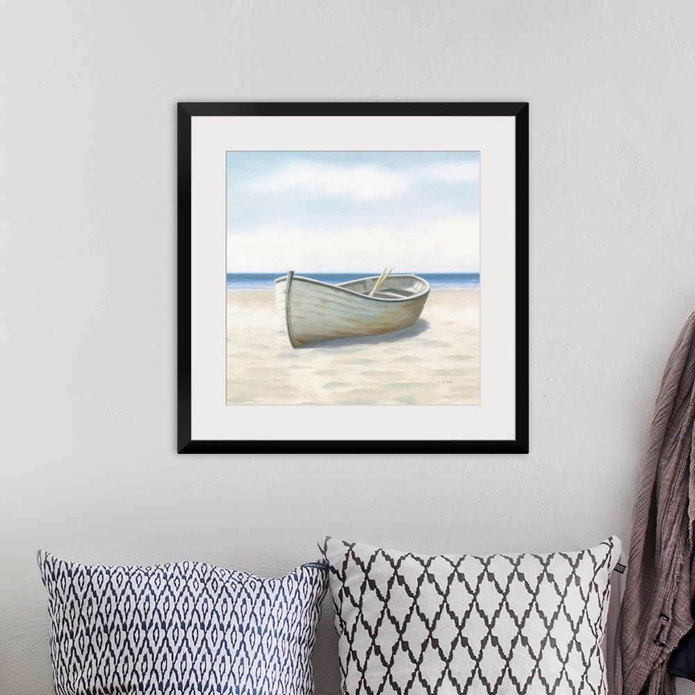A bohemian room featuring Contemporary painting of a white boat with oars inside, on the sandy beach with the ocean in the ...
