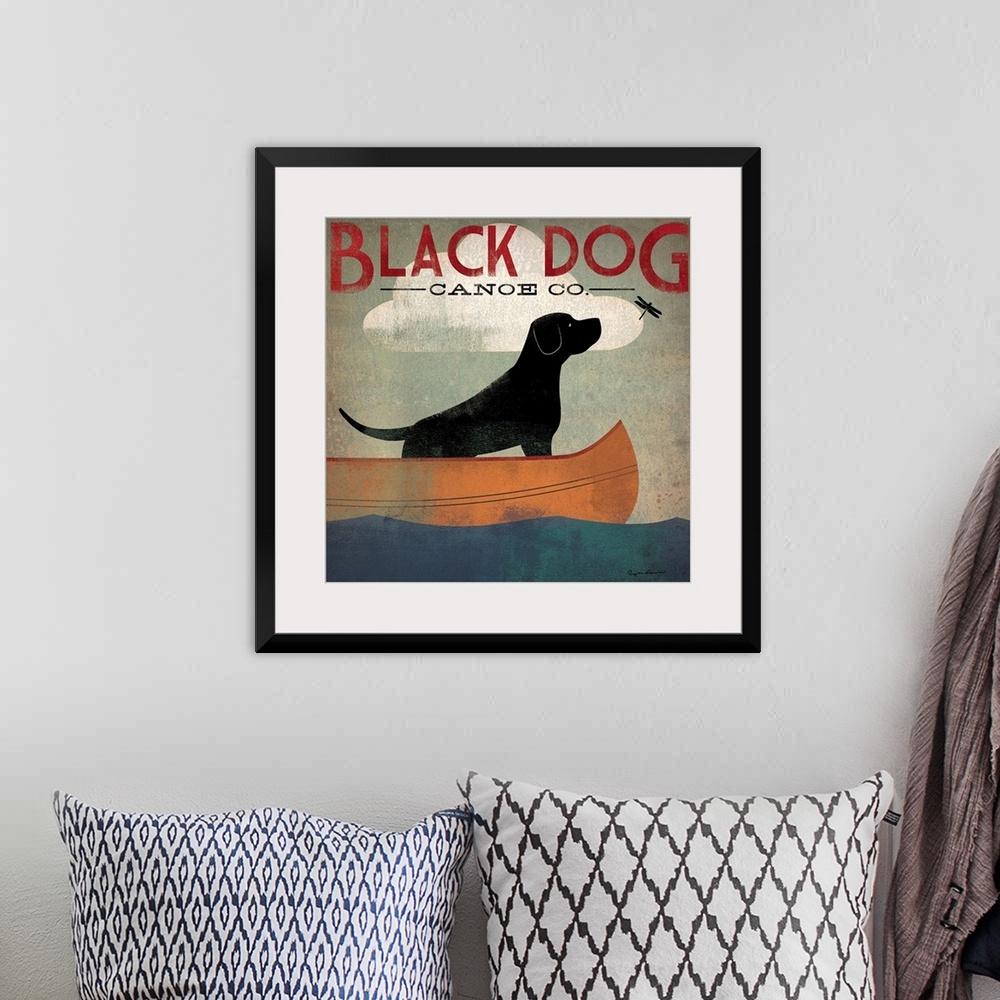 A bohemian room featuring Contemporary artwork of a stylized black dog sitting in a canoe looking at a dragon fly with an o...