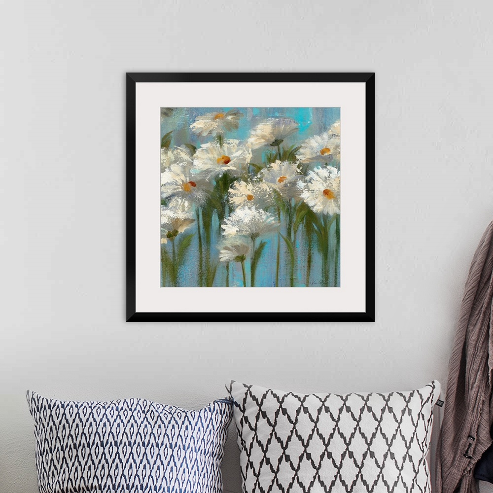 A bohemian room featuring This big canvas wall art is a contemporary painting of several impressionistic flowers against a ...