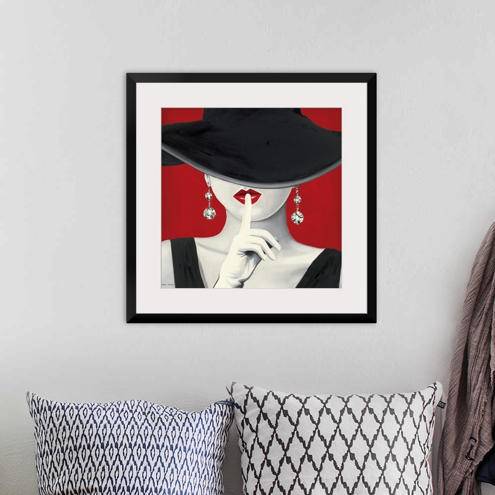 A bohemian room featuring A square painting of a stylish woman in a black dress, her face obstructed by a black hat, white ...