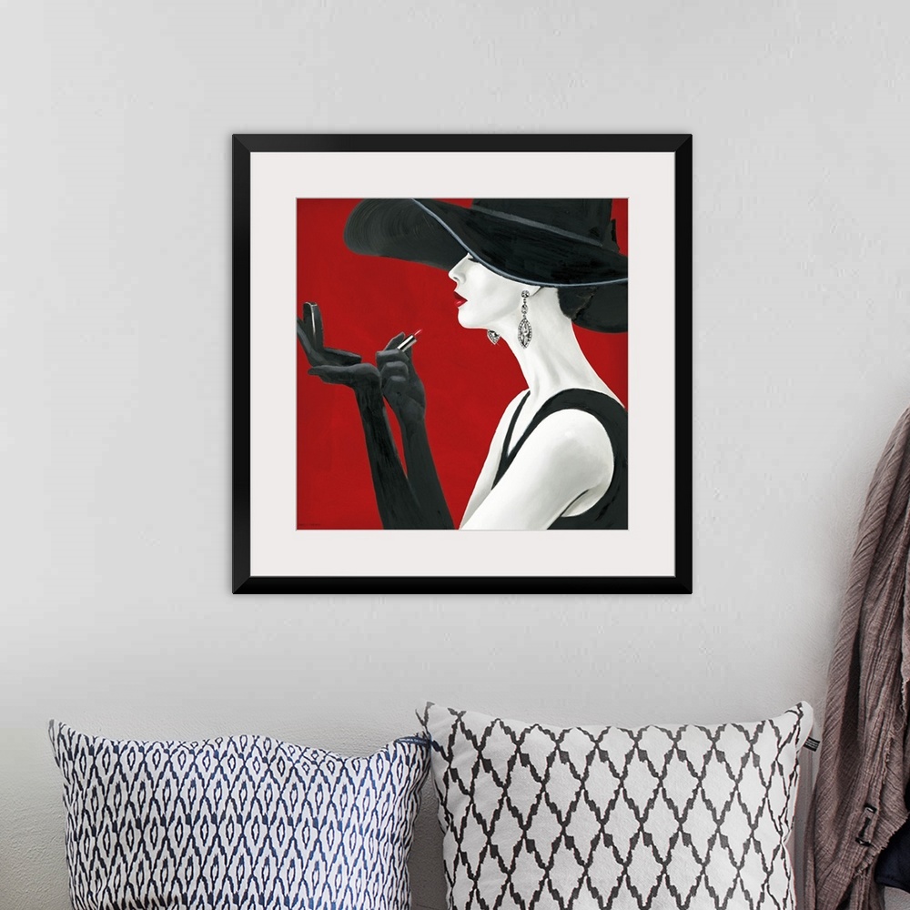 A bohemian room featuring A square painting of a pale woman in profile wearing a black dress, an enormous hat, and elbow le...