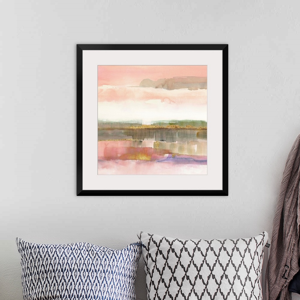 A bohemian room featuring Pastel watercolor abstract in pink and grey.