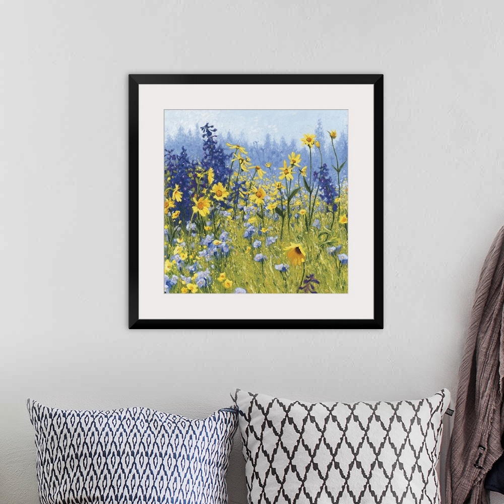 A bohemian room featuring Contemporary painting of a field of wildflowers with blue, green, purple, and yellow hues.