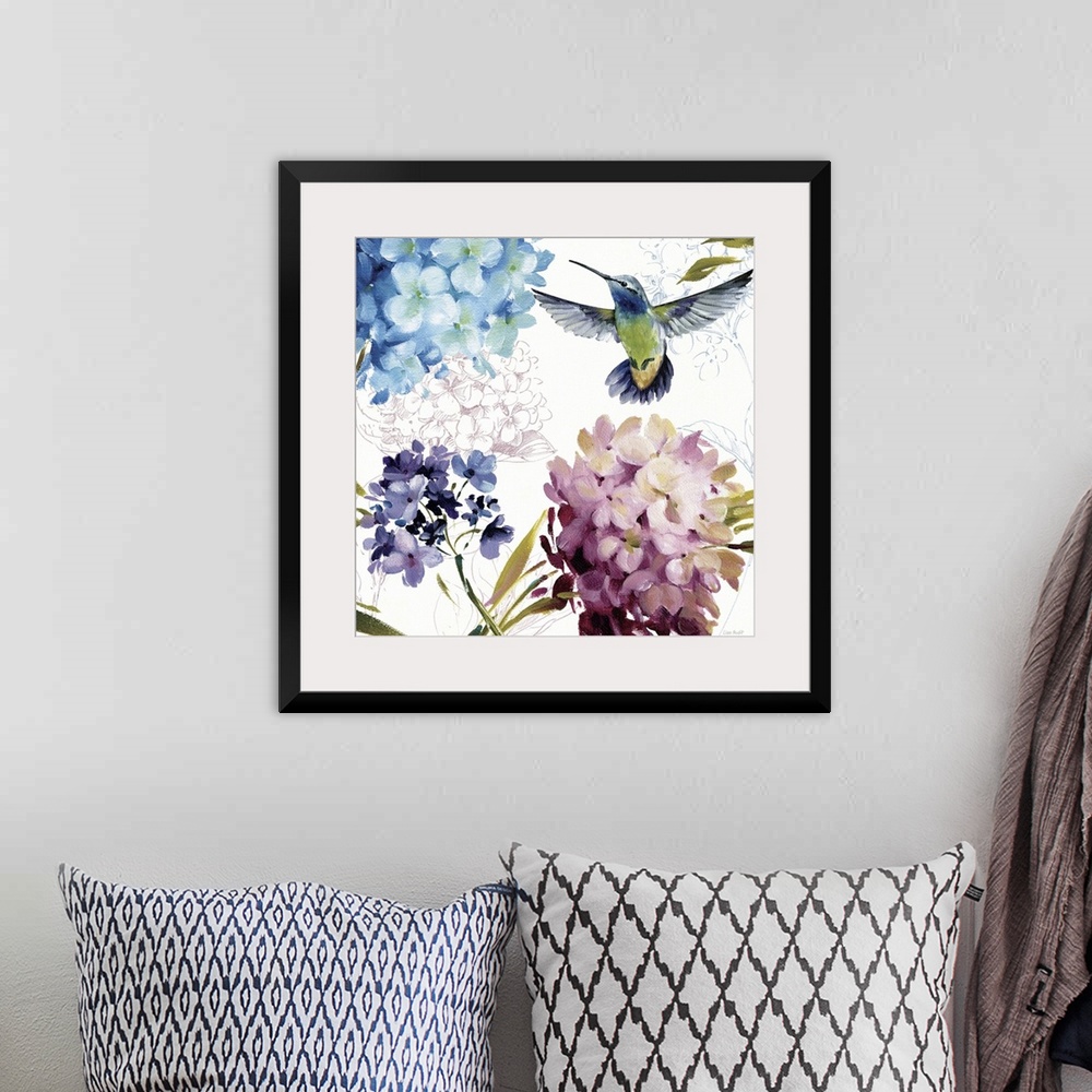 A bohemian room featuring Square painting on a large wall hanging of several colorful, small bunches of flowers, a hummingb...