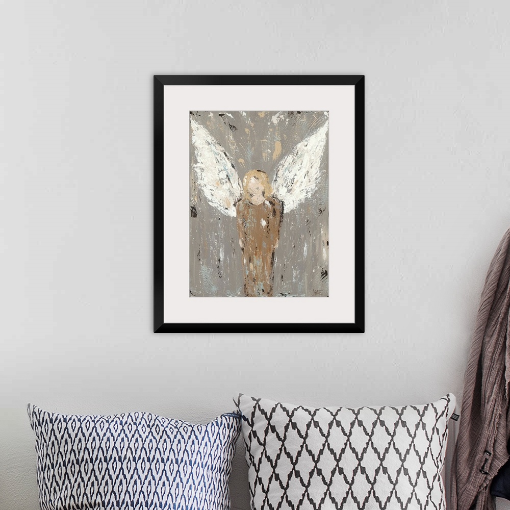 A bohemian room featuring A very abstracted portrait of an angel in a long brown robe. Created in a very rustic style, this...