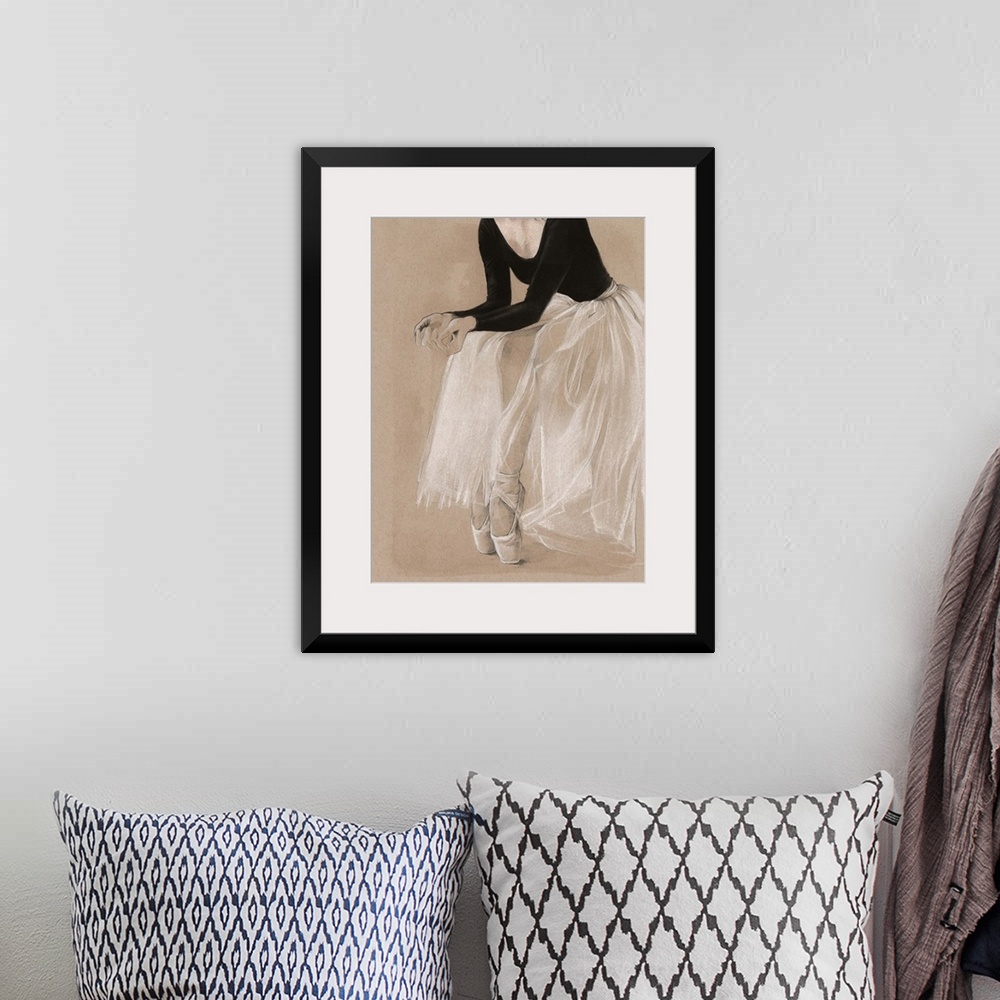 A bohemian room featuring Detail drawing of the lower half of a ballerina, done in black and white on a beige background.