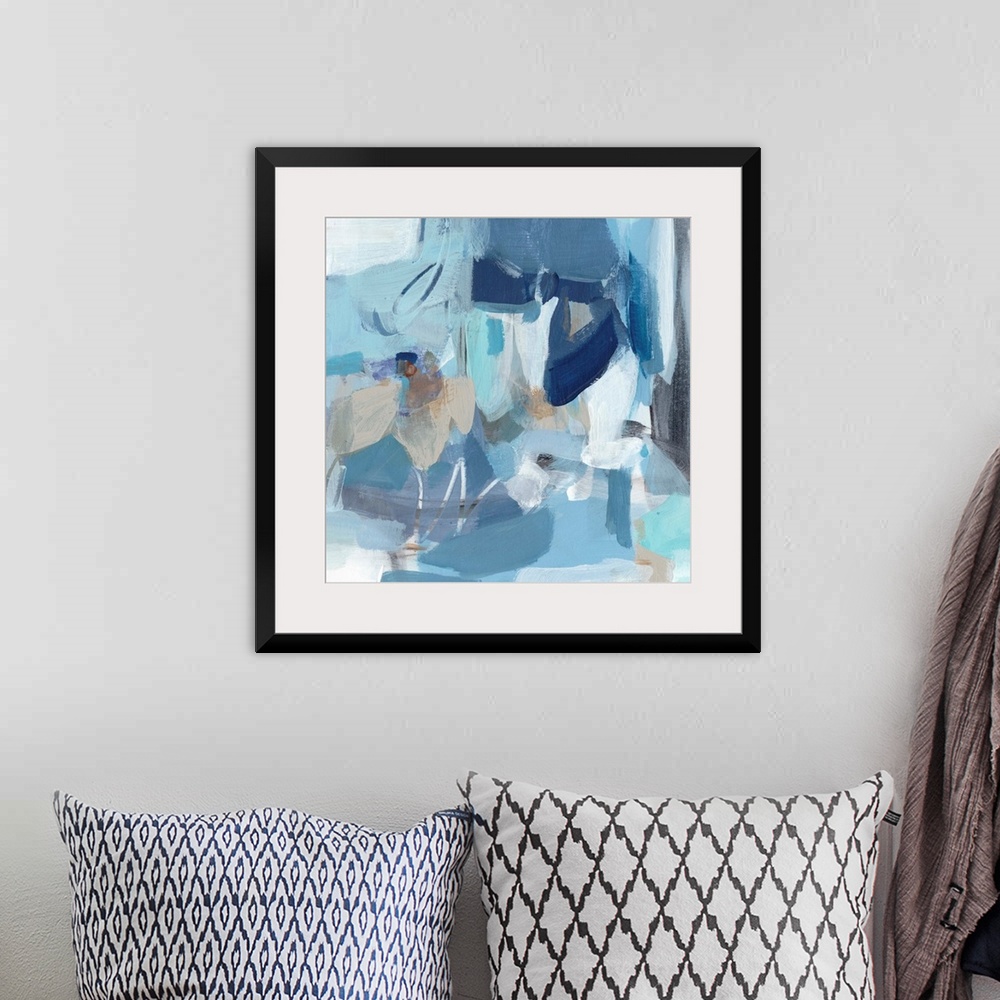 A bohemian room featuring Contemporary abstract painting using blue tones.