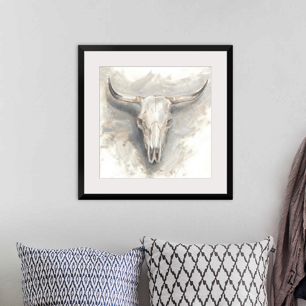 A bohemian room featuring Contemporary painting of a mounted cattle skull in muted gray and beige hues.