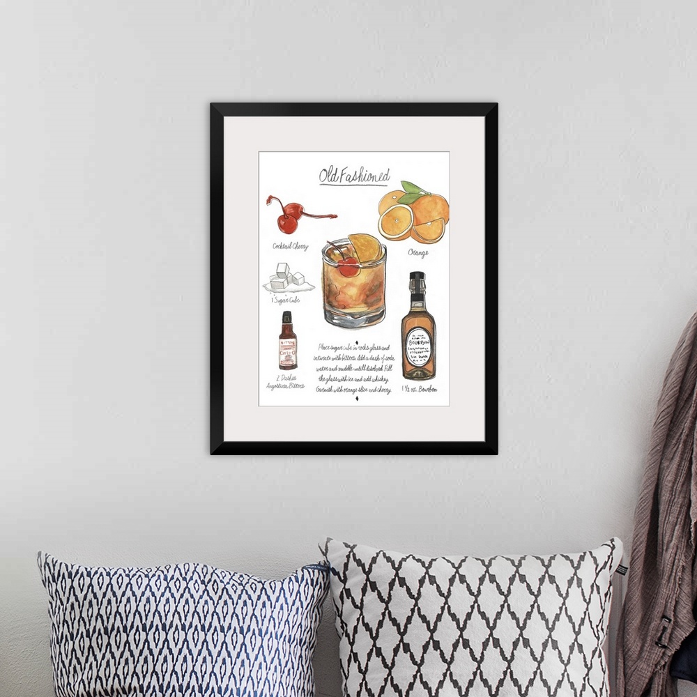 A bohemian room featuring Contemporary artwork of a cocktail recipe showing illustrated ingredients against a white backgro...