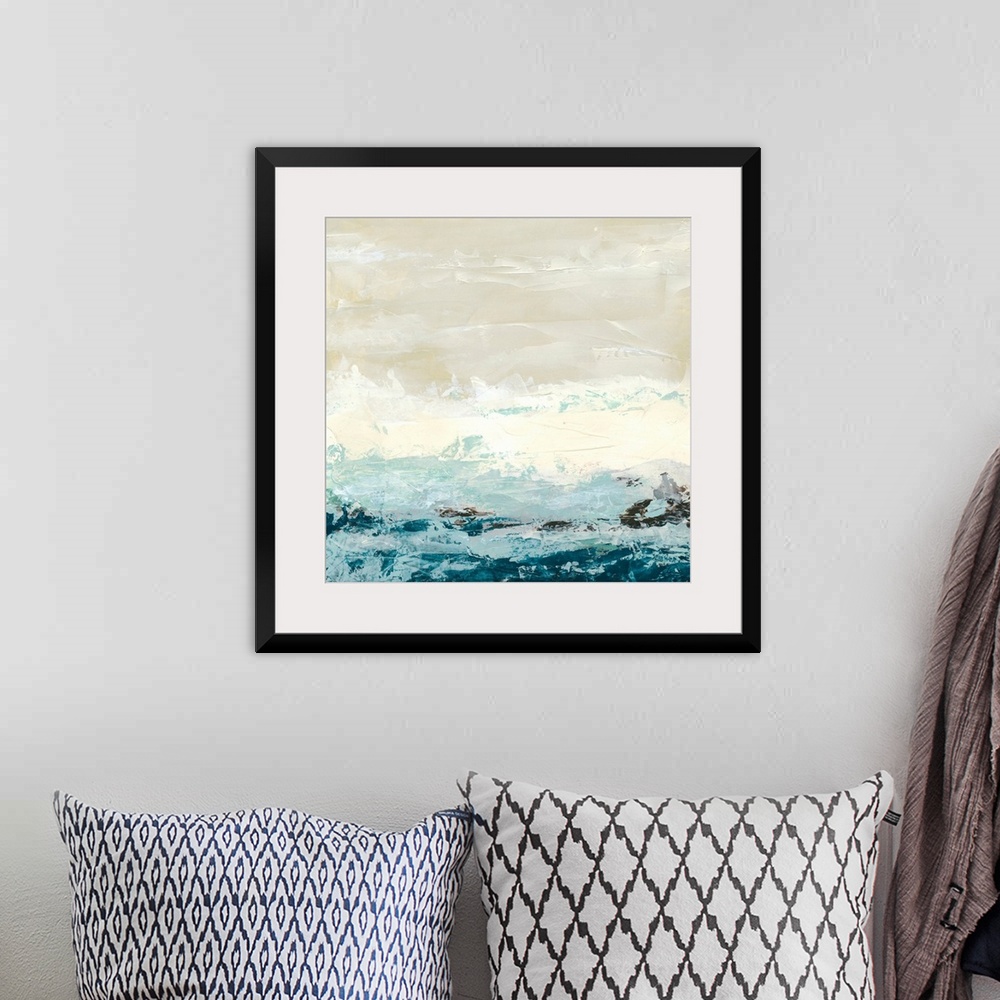 A bohemian room featuring Square abstract painting of an ocean made up of large brush strokes.