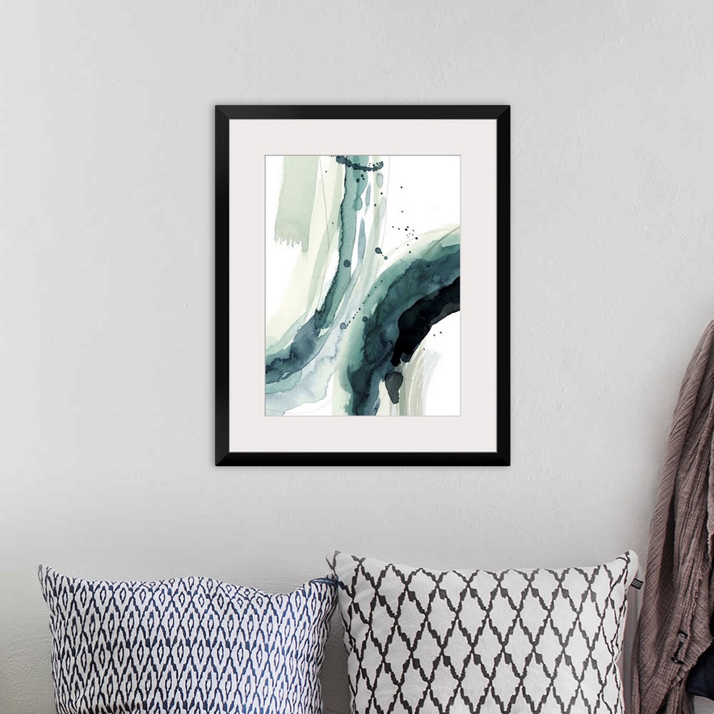 A bohemian room featuring Contemporary watercolor painting of broad curved brushstrokes in teal and grey.