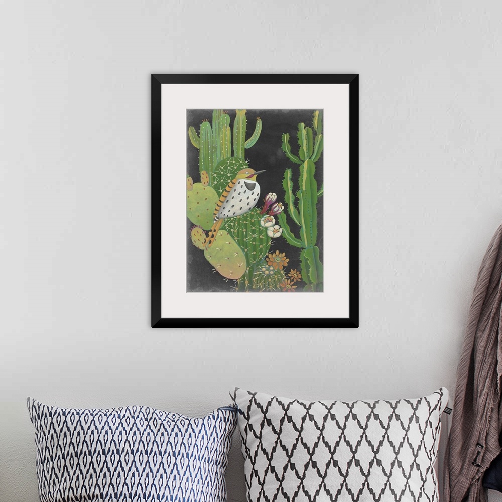 A bohemian room featuring Contemporary Southwestern-themed artwork of a Gila Woodpecker on a cactus.