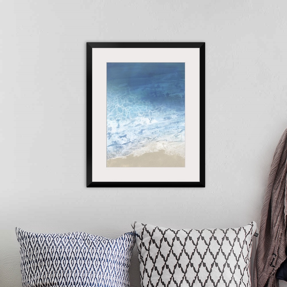A bohemian room featuring Contemporary painting of ocean waves hitting the shore.