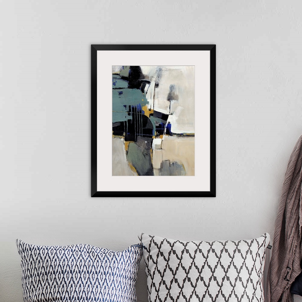 A bohemian room featuring This vertical contemporary painting is an abstraction of dark shapes contrasting with a light bac...
