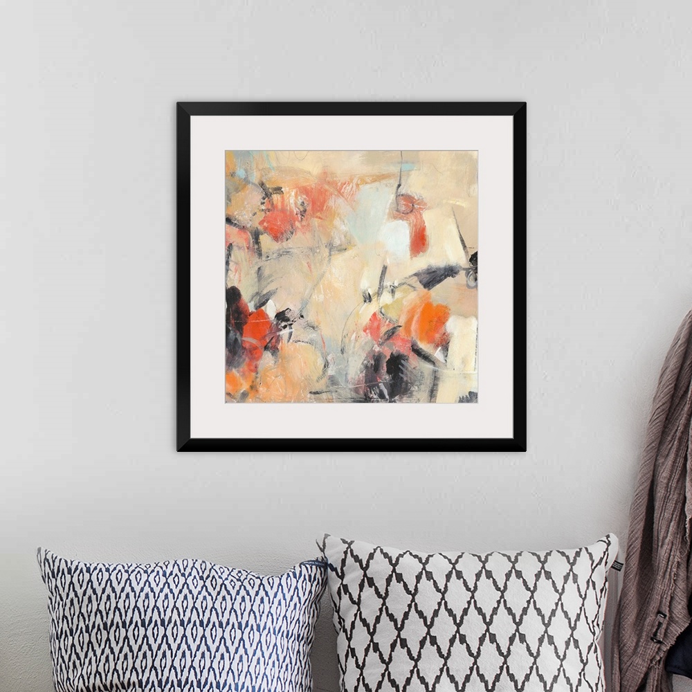 A bohemian room featuring Contemporary abstract painting in various colors like muted orange and bright orange-red.