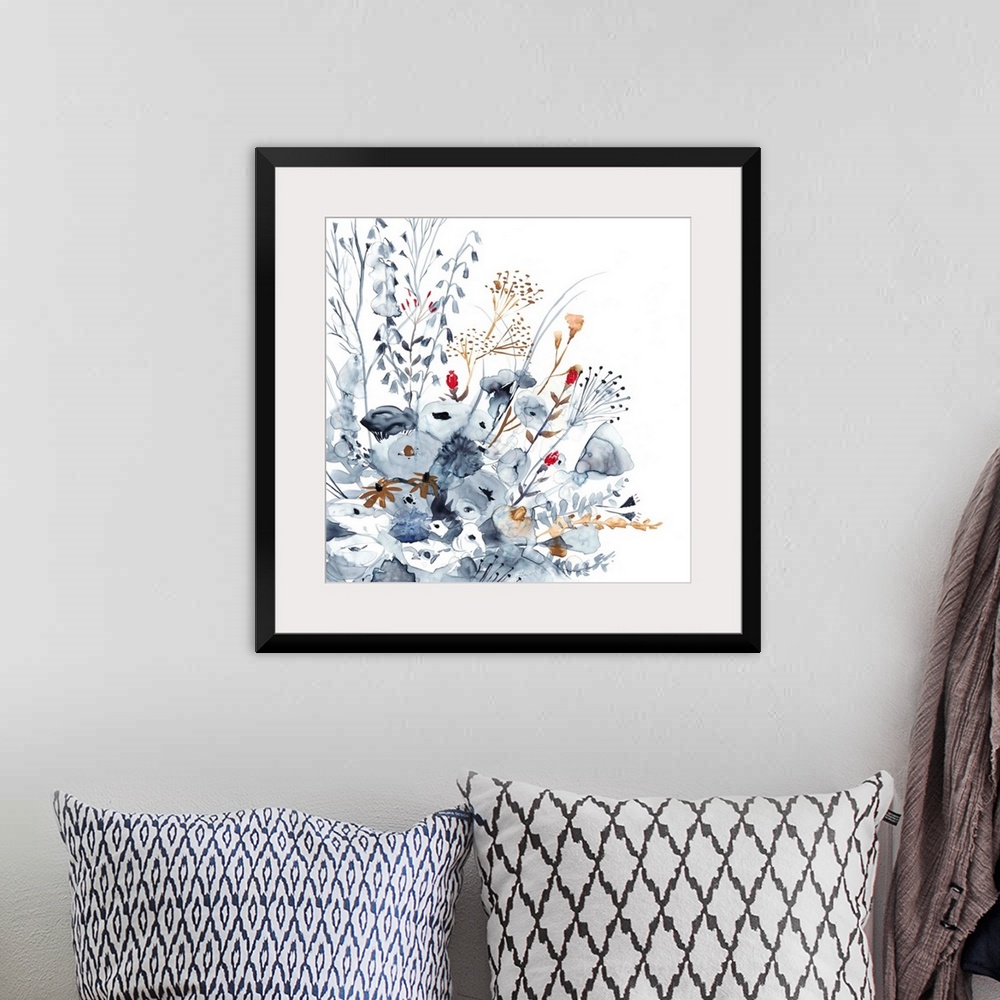 A bohemian room featuring Square watercolor painting of indigo, orange, and red wildflowers.