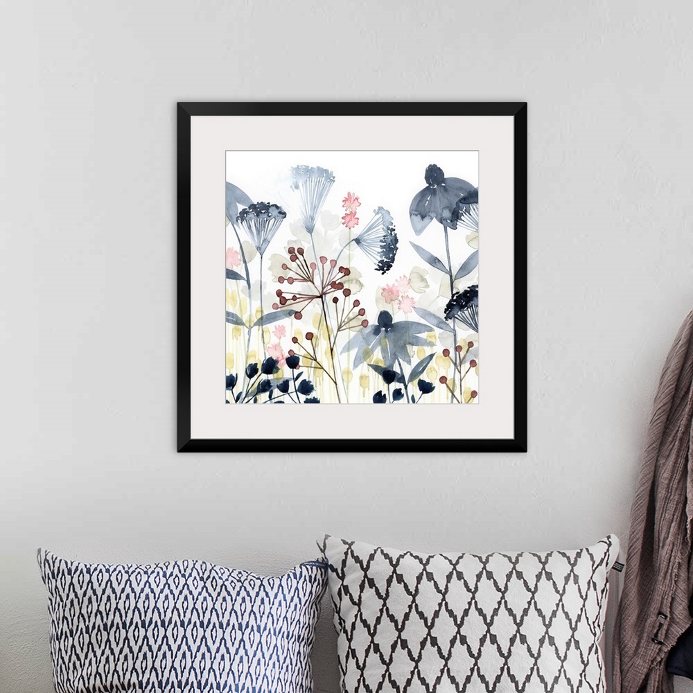 A bohemian room featuring This soft contemporary artwork features an assortment of wildflowers and foliage including delica...