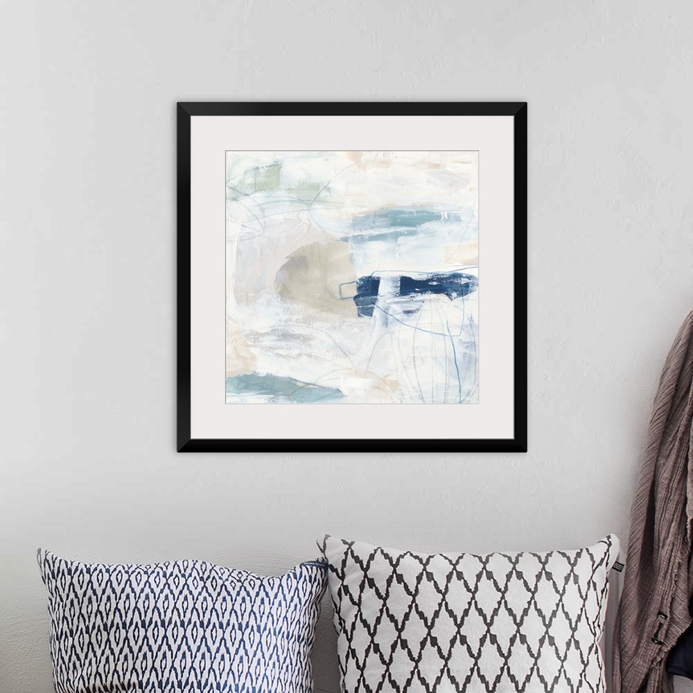 A bohemian room featuring White, pale blue, and neutral browns come together to construct this abstract painting reminiscen...