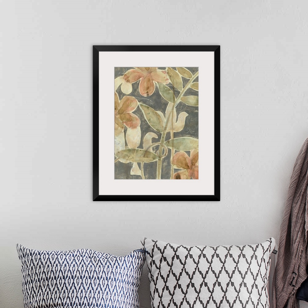 A bohemian room featuring Contemporary floral painting reminiscent of the fresco technique.