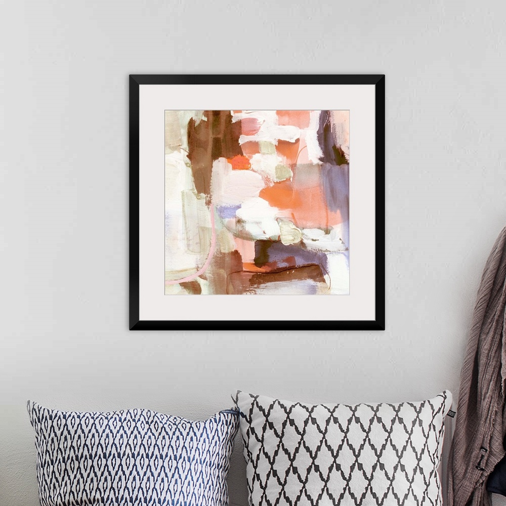 A bohemian room featuring Square abstract painting in shades of brown, orange, pink, purple and cream.