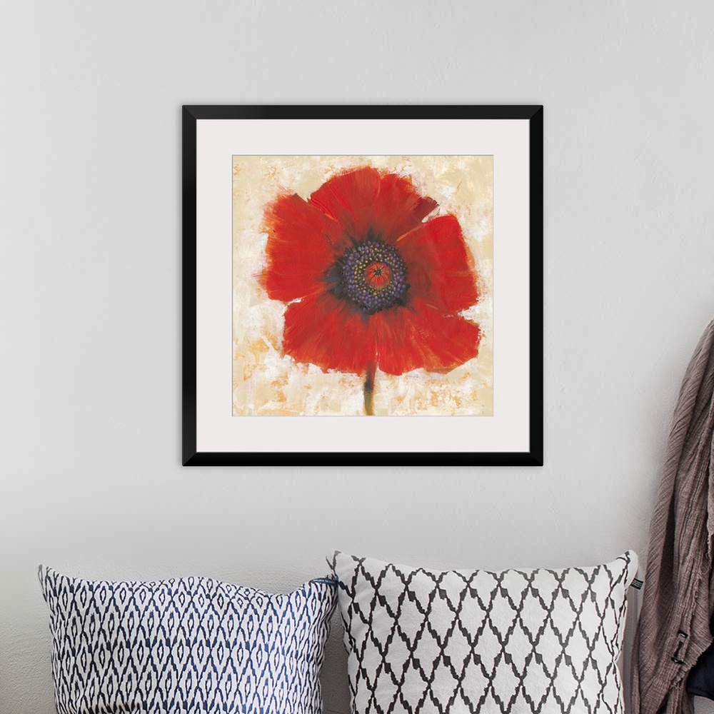 A bohemian room featuring Creative painting of a bright red poppy on a mottled gold and beige backdrop.
