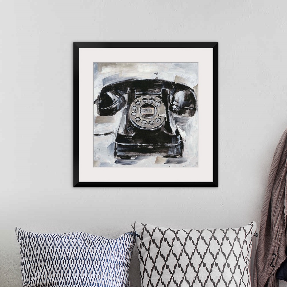 A bohemian room featuring Fun contemporary painting of a retro rotary phone on a neutral background.