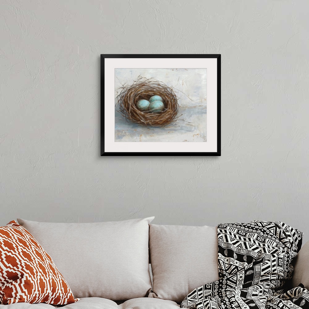 A bohemian room featuring Blue eggs resting in a nest against a distressed light background fills this rustic artwork.