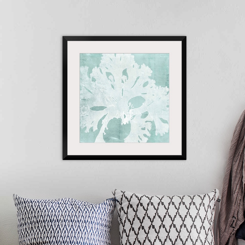 A bohemian room featuring Seaweed illustration in white on an aquamarine blue background.