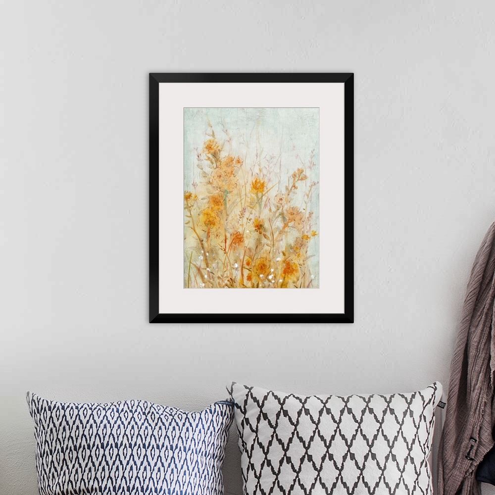A bohemian room featuring Contemporary painting of pale orange and yellow flowers.
