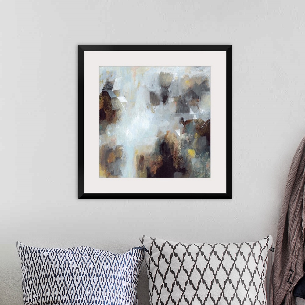 A bohemian room featuring Contemporary abstract painting in contrasting dark and light hues.